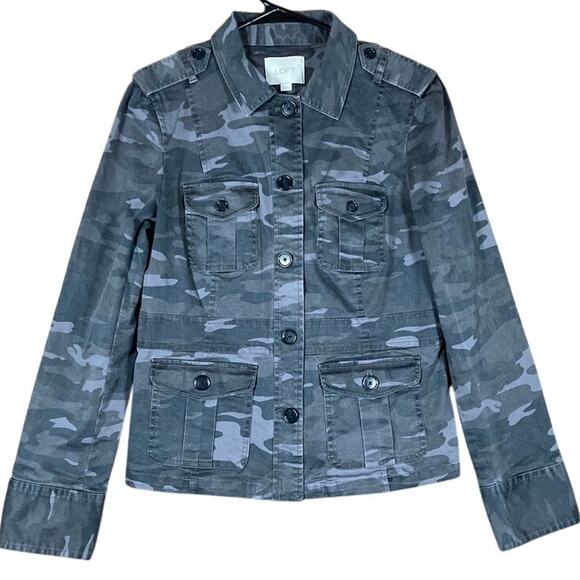 Ann Taylor LOFT Womens Jacket Gray Camouflage Utility Button Up Stretch 6 - Picture 1 of 12